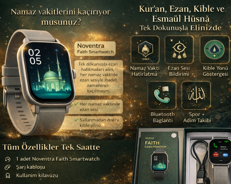 Noventra™ Faith Smartwatch – Ezan, Kıble ve Zikir Takibi Tek Saatte