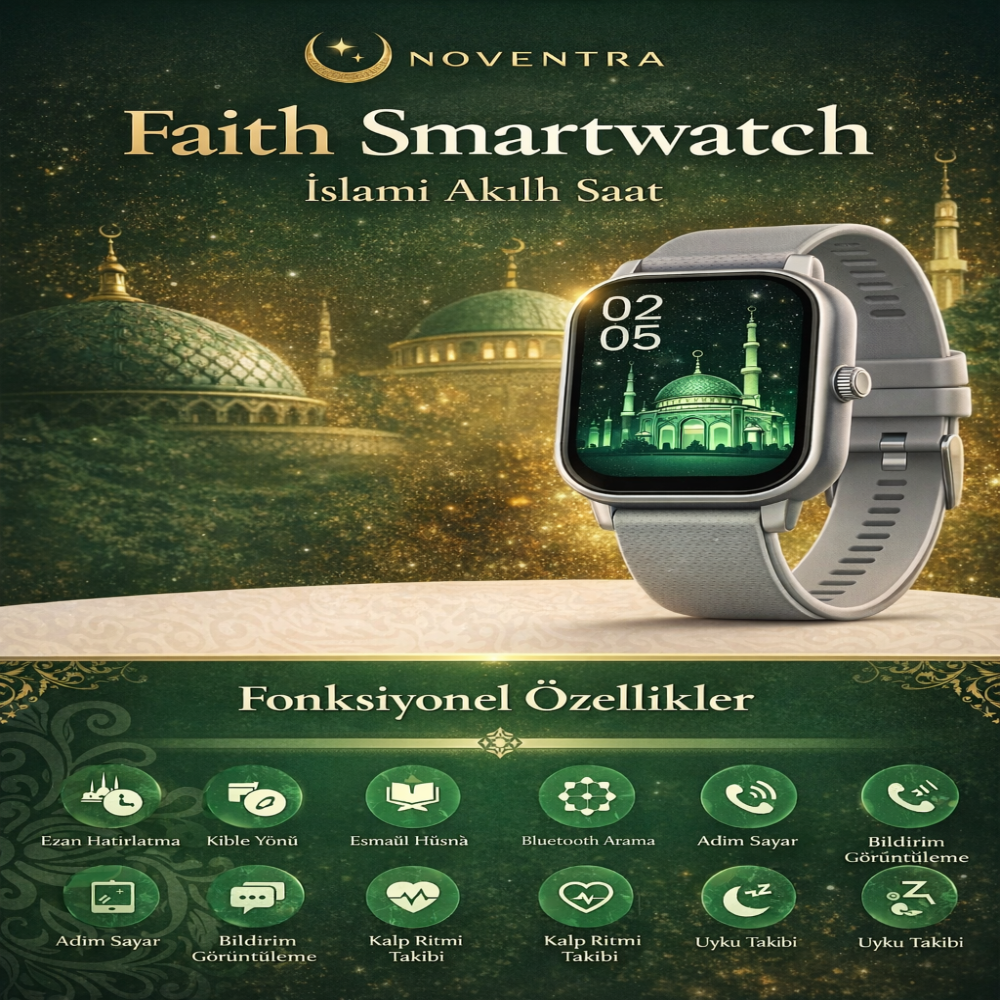 Noventra™ Faith Smartwatch – Ezan, Kıble ve Zikir Takibi Tek Saatte